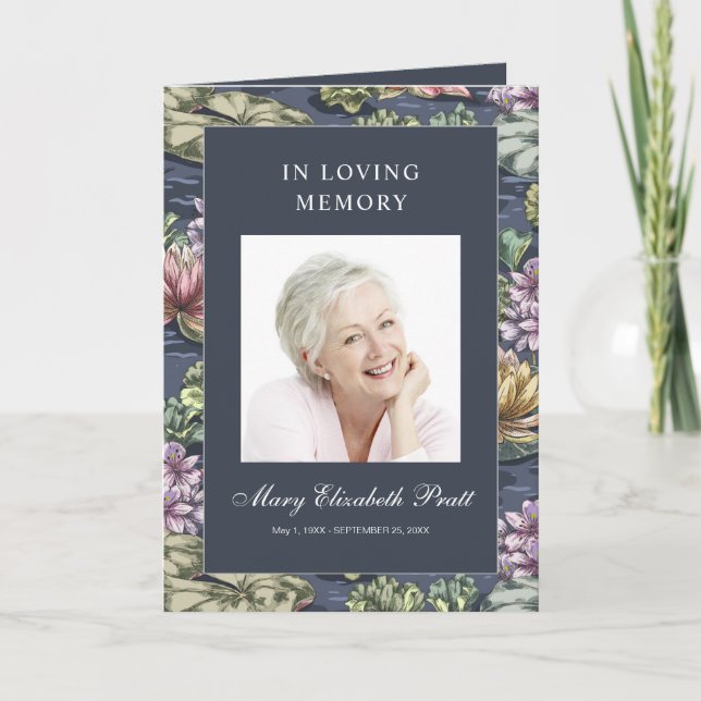 Dark Blue Floral Multi-Photo Funeral Program (Front)