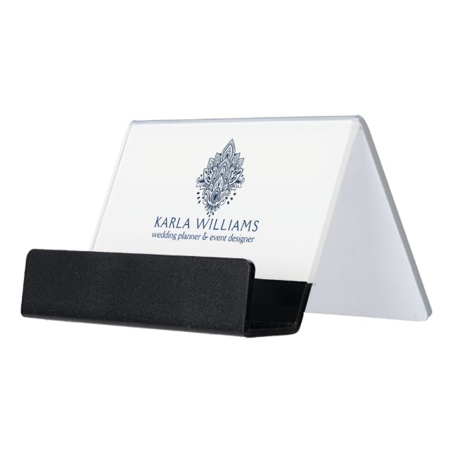 Dark Blue Floral Ornament Desk Business Card Holder (Angled Front)