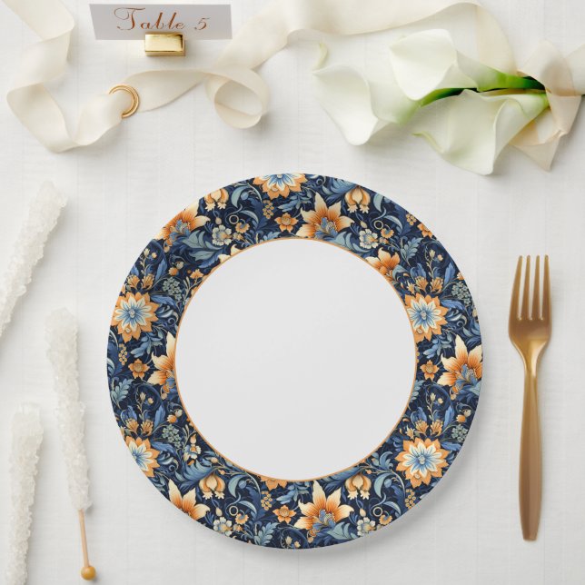 Dark Blue Floral Paisley Border Paper Plates (Wedding)