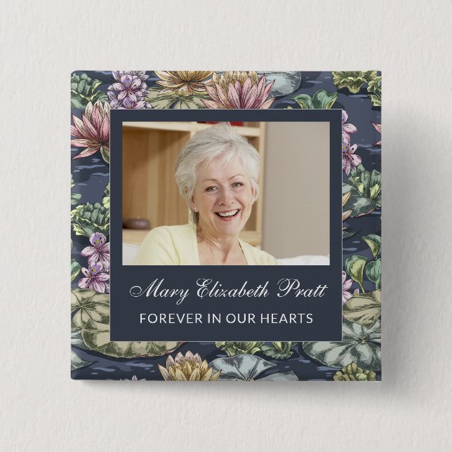 Dark Blue Floral Photo Funeral  Button (Front)
