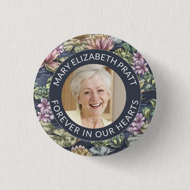 Dark Blue Floral Photo Funeral  Button (Front)