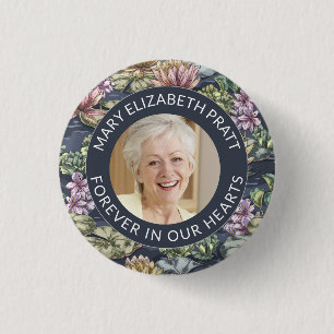 Dark Blue Floral Photo Funeral Button
