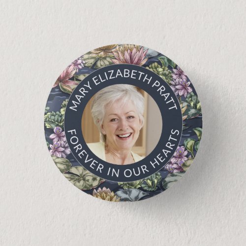 Dark Blue Floral Photo Funeral  Button