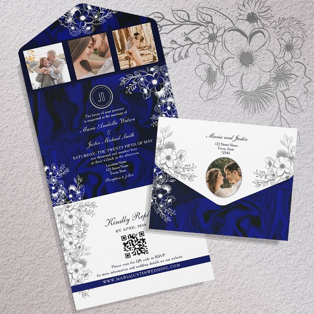 Dark Blue Floral QR Photo Wedding All In One Invitation (Creator Uploaded)
