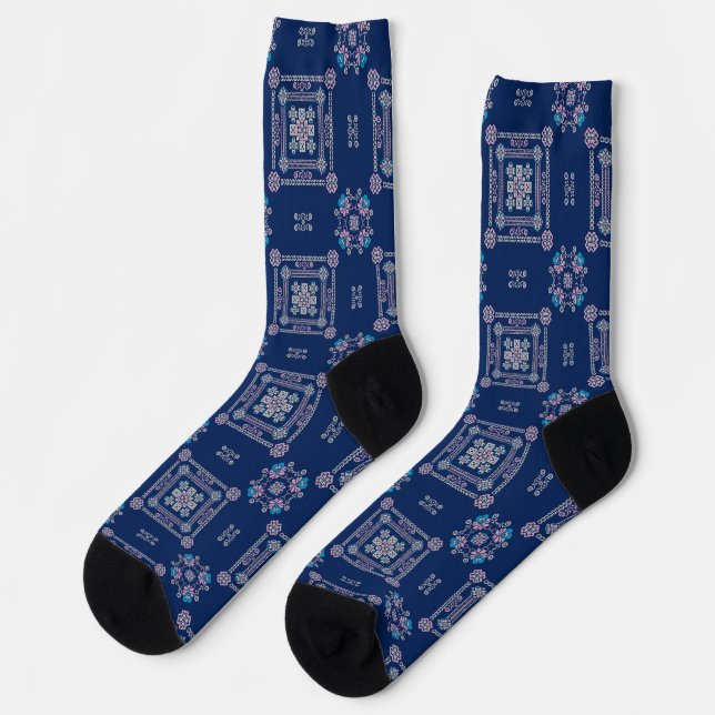 Dark Blue Floral Tatreez Henna Thobe Dress Socks (Left)