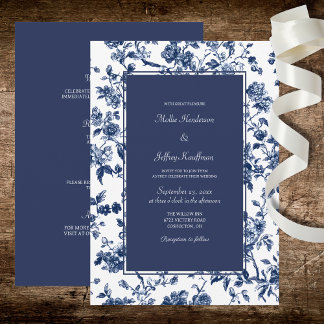 Dark Blue Floral Wedding  Invitation