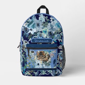 Dark Blue Floral  with a cat 