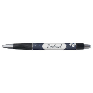 Dark Blue Flowers and Dots Pattern Personalised Pen