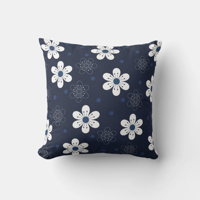 Dark Blue Flowers and Dots Pattern Throw Pillow (Front)