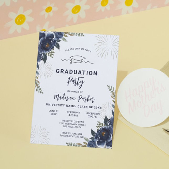 Dark Blue Flowers Graduation Invitation (Creator Uploaded)