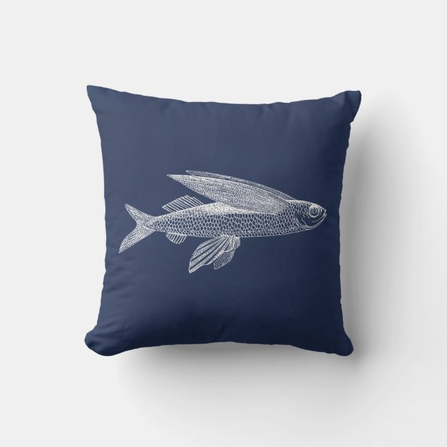 Dark Blue Flying Fish Throw Pillow (Front)