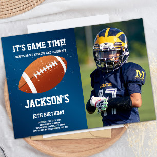 Dark Blue Football Birthday Invitations with photo