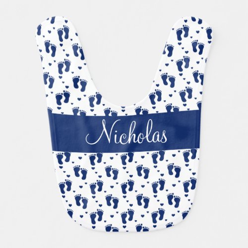 Dark Blue Footprints and Hearts Baby Bib