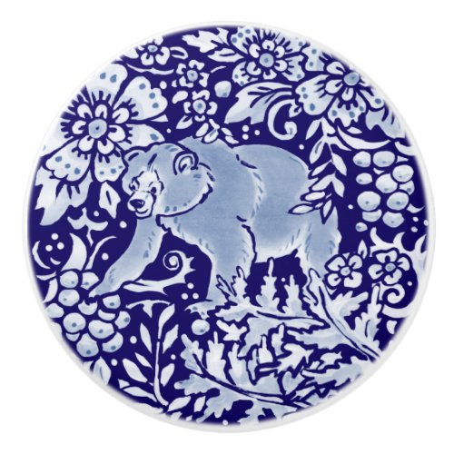 Dark Blue Forest Bear Woodland Animal Floral Ceramic Knob