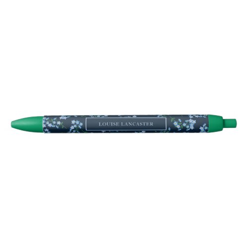 Dark Blue Forget Me Not Pattern Add Your Name Black Ink Pen