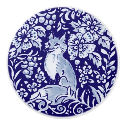 Dark Blue Fox Woodland Animal Floral Cobalt Navy Ceramic Knob