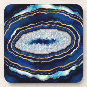 Dark Blue Geode and Gold Digital Art Beverage Coaster