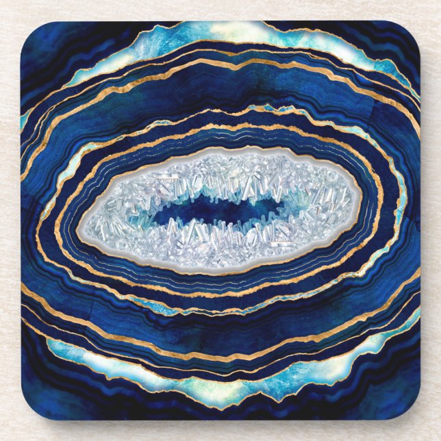 Dark Blue Geode and Gold Digital Art Beverage Coaster (Front)