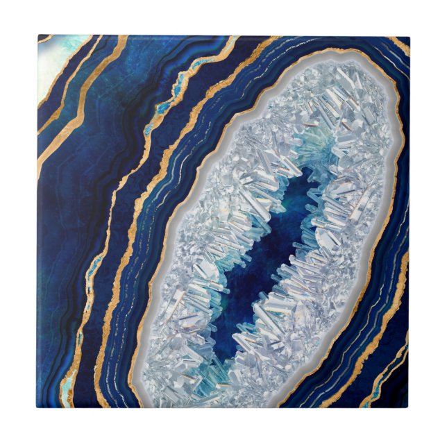 Dark Blue Geode and Gold Digital Art  Ceramic Tile (Front)