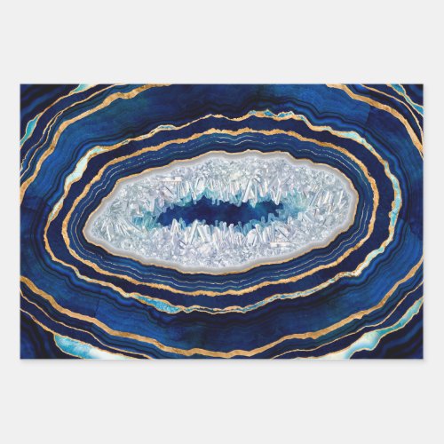 Dark Blue Geode and Gold Digital Art Wrapping Paper Sheets