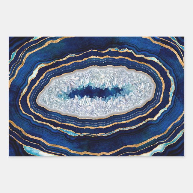 Dark Blue Geode and Gold Digital Art Wrapping Paper Sheets (Front)