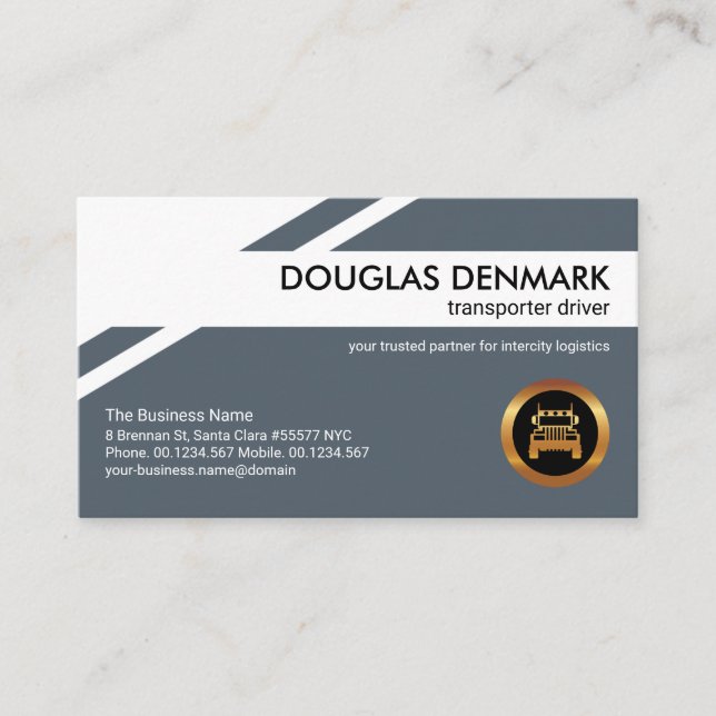 Dark Blue Geometric Layer Gold Truck Transport Business Card (Front)