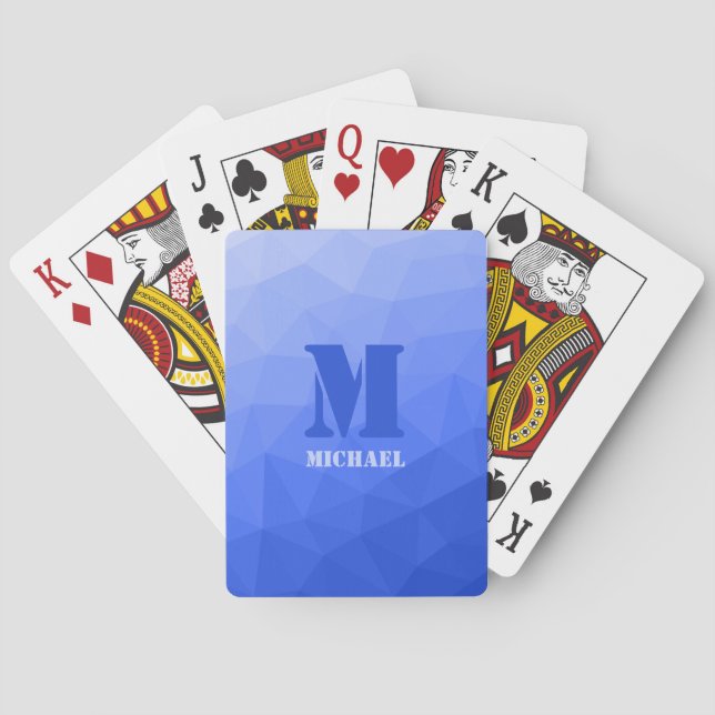 Dark blue geometric mesh pattern Monogram Poker Cards (Back)