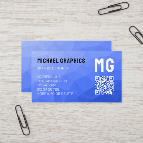 Dark blue geometric mesh pattern QR code Monogram Business Card