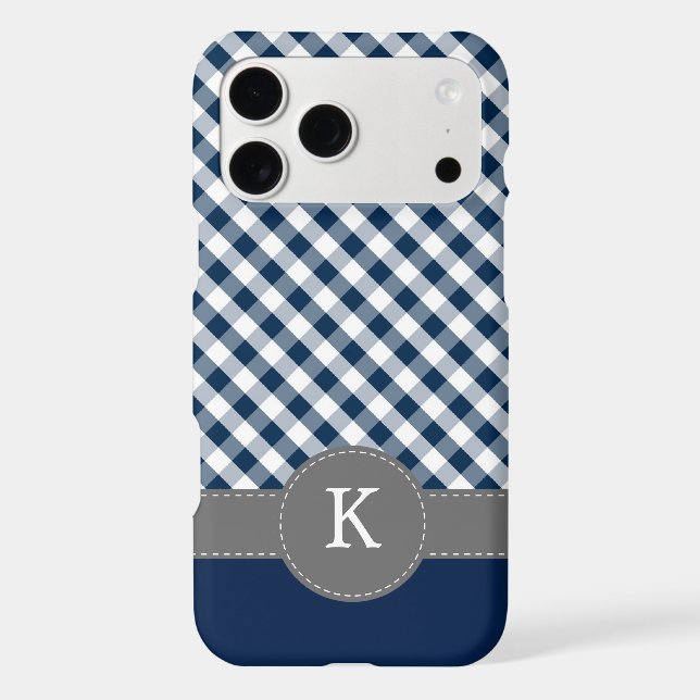 Dark Blue Gingham Pattern Custom Monogram Iphone Case (Back)