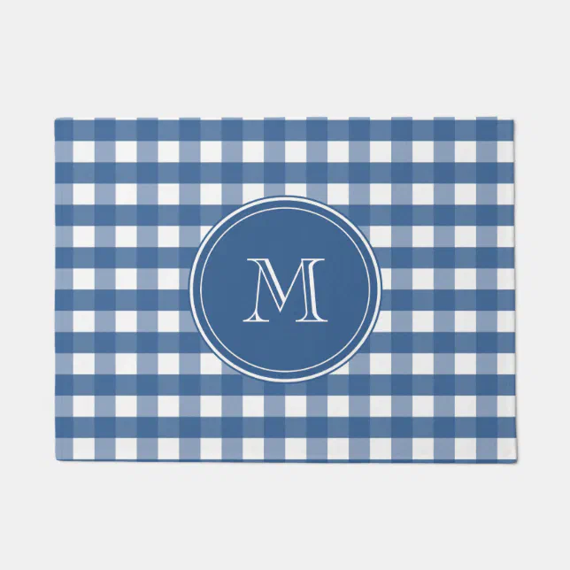 Dark Blue Gingham Plaid Monogram Doormat Zazzle