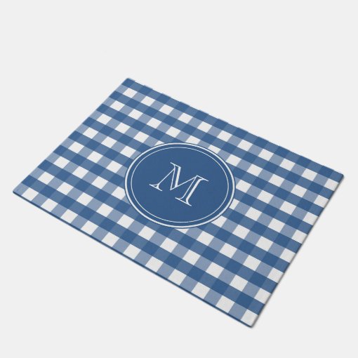 Dark Blue Gingham Plaid Monogram Doormat Zazzle