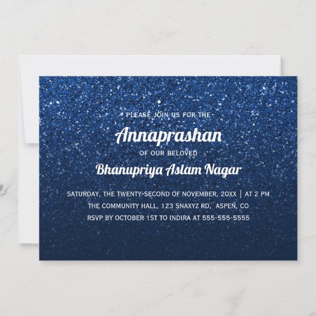 Dark Blue Glitter Ombre Annaprashan First Rice Invitation (Front)