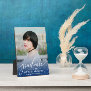 Dark Blue Glitter Ombre Girly Photo Graduation Plaque