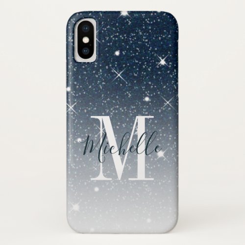 Dark Blue Glitter Sparkles Monogram Script Name iPhone X Case