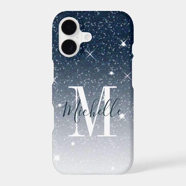 Dark Blue Glitter Sparkles Monogram Script Name Iphone Case (Back)