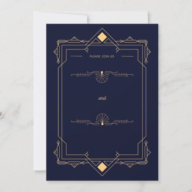 Dark Blue &Gold Art Deco Style Wedding Invitation (Front)