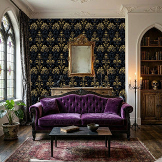 Dark Blue Gold Baroque Gothic Flower Wallpaper