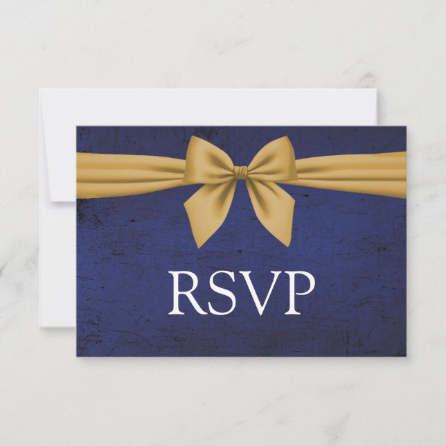Dark Blue Gold Bow RSVP Card (Front)