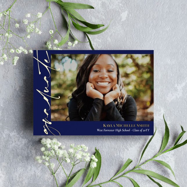 Dark Blue Gold Calligraphy Photo Graduation Foil Invitation (Creator Uploaded)