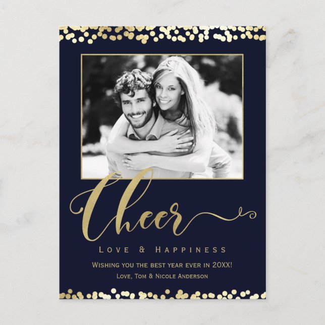 Dark Blue & Gold CHEER Confetti New Years Photo Holiday Postcard (Front)