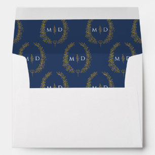 Dark blue gold color white monogram wreath wedding envelope