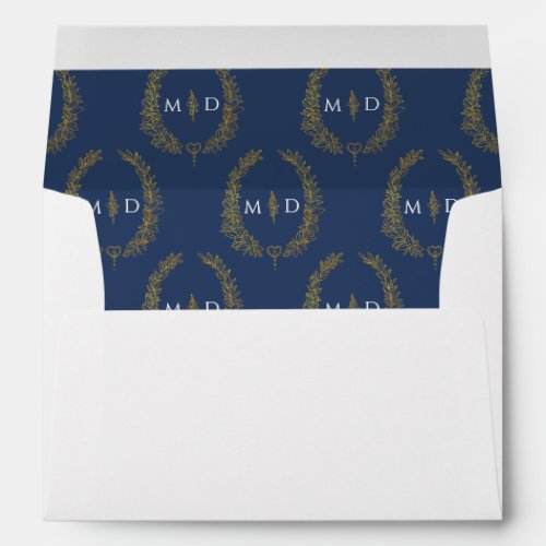 Dark blue gold color white monogram wreath wedding envelope