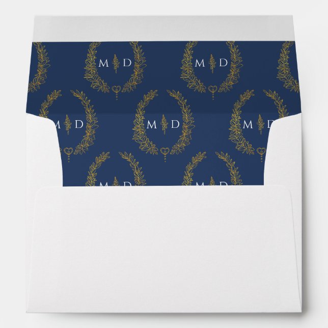 Dark blue gold color white monogram wreath wedding envelope (Back (Bottom))