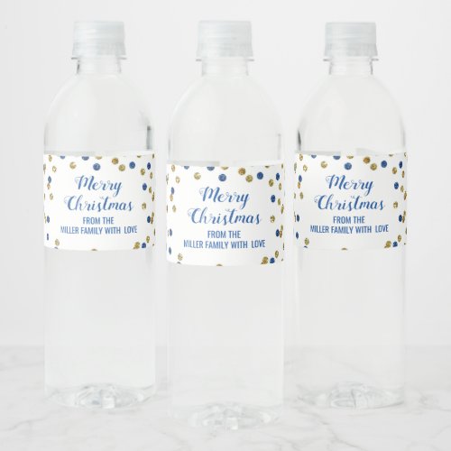 Dark Blue Gold Confetti Custom Merry Christmas Water Bottle Label