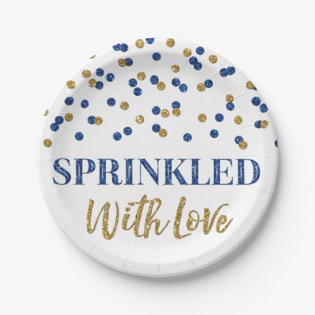 Dark Blue Gold Confetti Sprinkled with Love Paper Plates (Front)