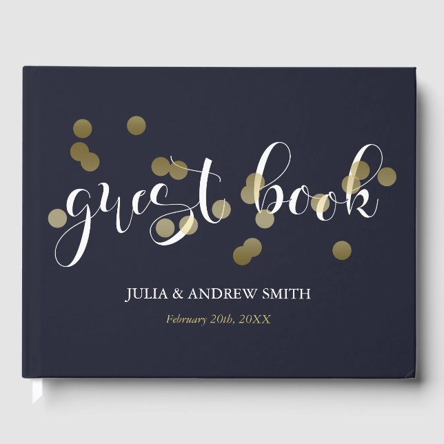 Dark Blue & Gold Confetti Wedding Guest Book (Front)