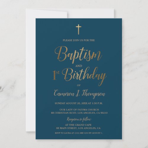 Dark Blue Gold Cross Baptism 1st Birthday Invitation