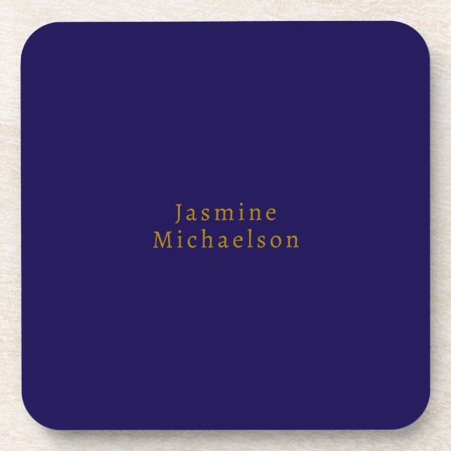 Dark Blue & Gold Cute Minimalist Own Name Beverage Coaster (Front)