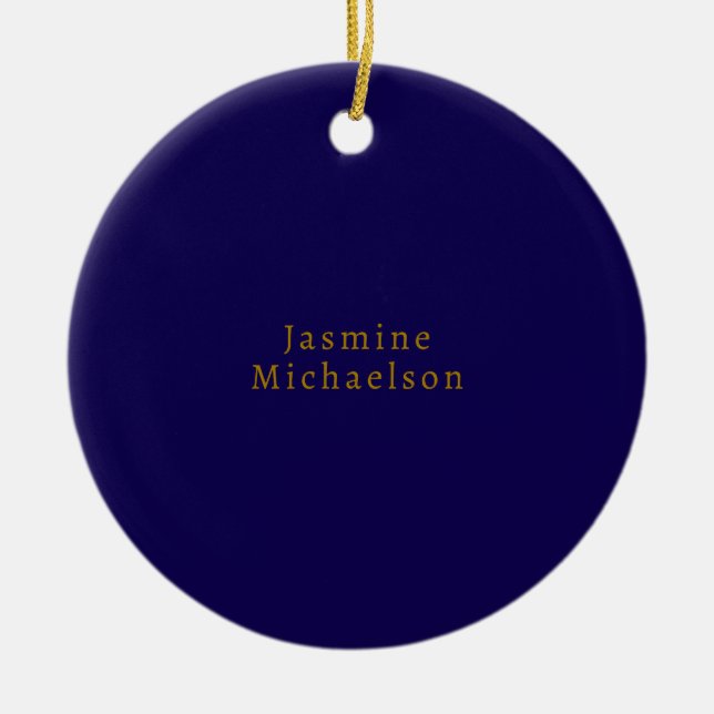Dark Blue & Gold Cute Minimalist Own Name Ceramic Ornament (Front)