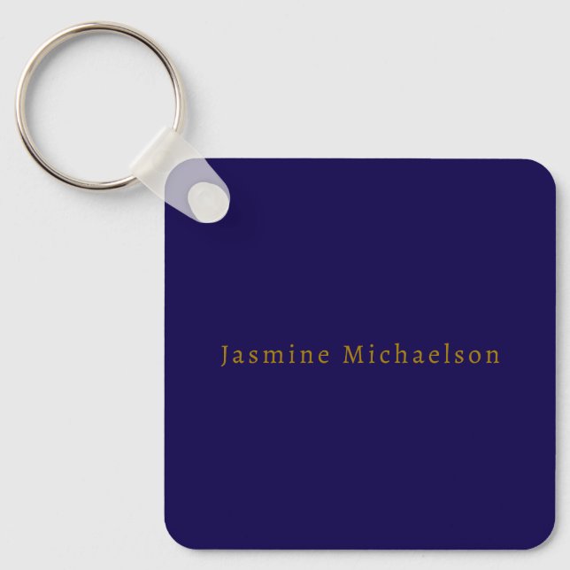 Dark Blue & Gold Cute Minimalist Own Name Keychain (Front)